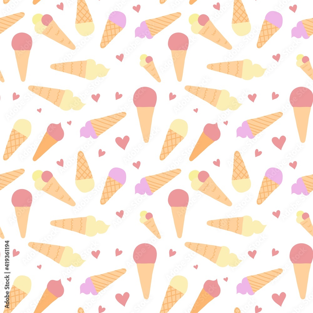Hand drawn seamless pattern with sweet cute ice cream. Brown or beige cones and fruit clored top. Tasty delicious desert. Vector iilustration. Hand drawn seamless pattern with sweet cute ice cream. Brown or beige cones and fruit clored top. Tasty delicious desert. Vector iilustration.