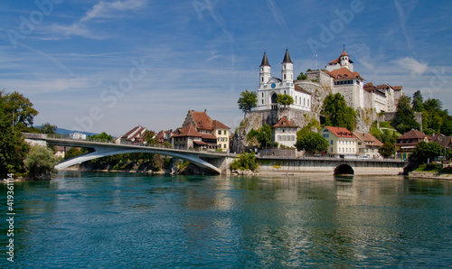 town with river, bridge and church on the rock / Aarburg, Switzerland