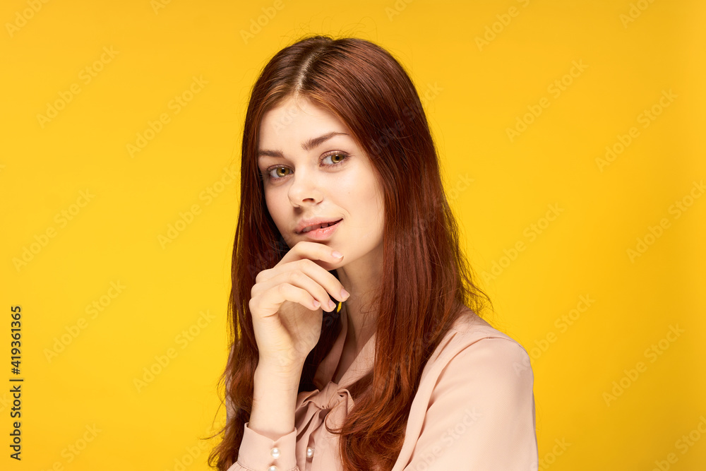 attractive woman emotion studio fashion cropped view yellow background attractive woman emotion studio fashion cropped view yellow background