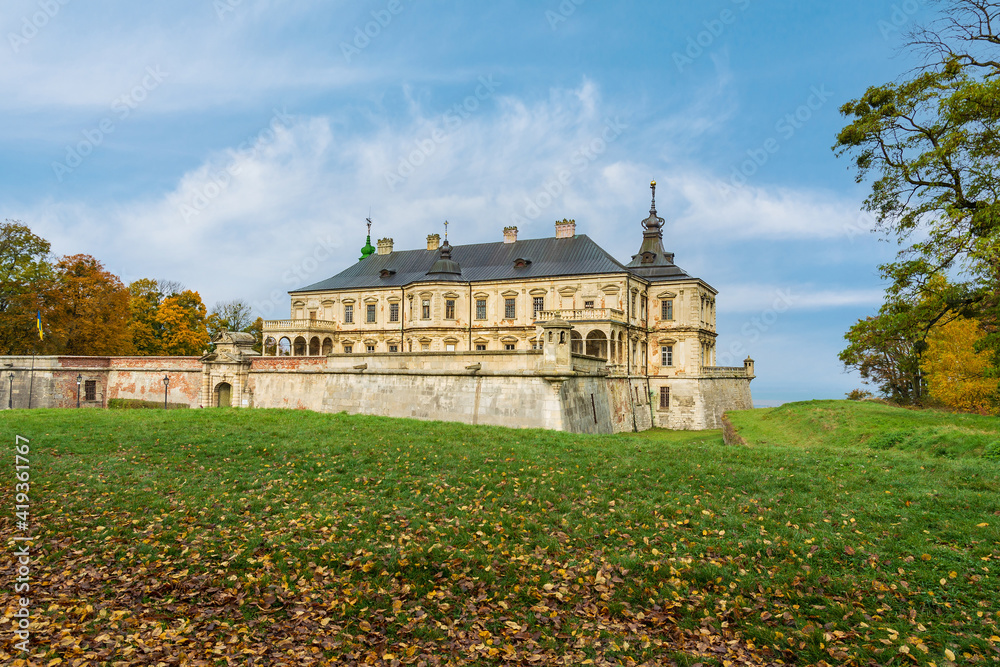 Palace with bastion fortifications. Pidhirtsi Castle is a residential castle-fortress located in the village of Pidhirtsi in Lviv region, Ukraine.