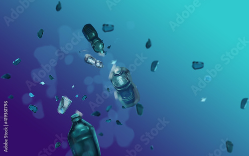 Plastic pollution trash underwater sea with different kinds of garbage - plastic bottles, wastes floating in water. Sea ocean water pollution concept illustration.