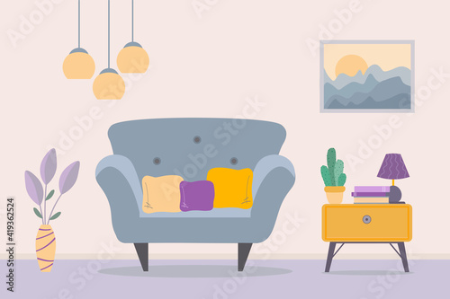 Living room interior with sofa, nightstand, lamp, house plants picture on wall. Vector flat design illustration. photo