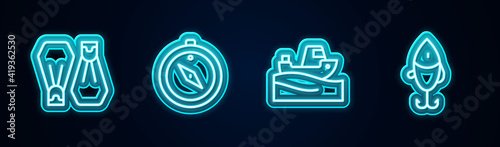 Set line Rubber flippers for swimming, Compass, Fishing boat on water and lure. Glowing neon icon. Vector.
