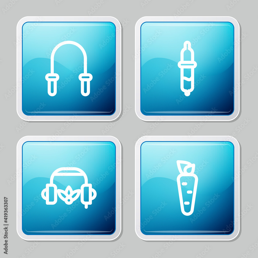 Set line Jump rope, Pipette, Headphones for meditation and Carrot icon. Vector. Set line Jump rope, Pipette, Headphones for meditation and Carrot icon. Vector.