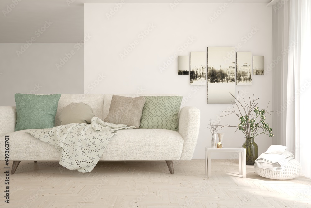 Fototapeta premium White living room with sofa. Scandinavian interior design. 3D illustration