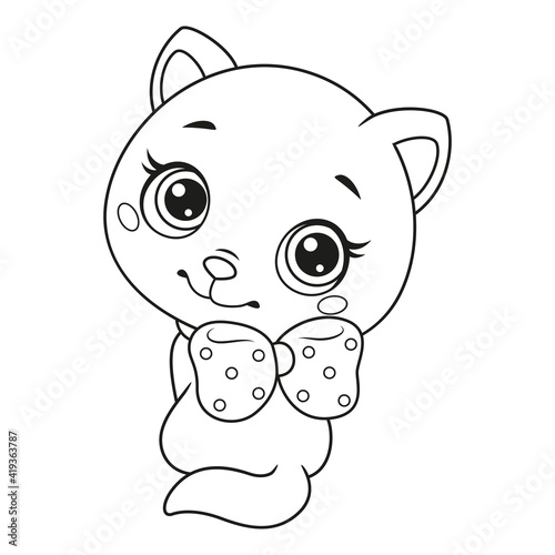 Little cat sitting and looking back coloring page for kids. Black and white outline illustration