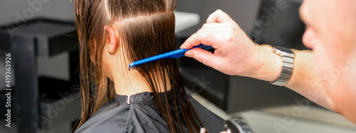 Rear View of male hairdresser combing wet hair of young caucasian woman divides into sections in a hair salon