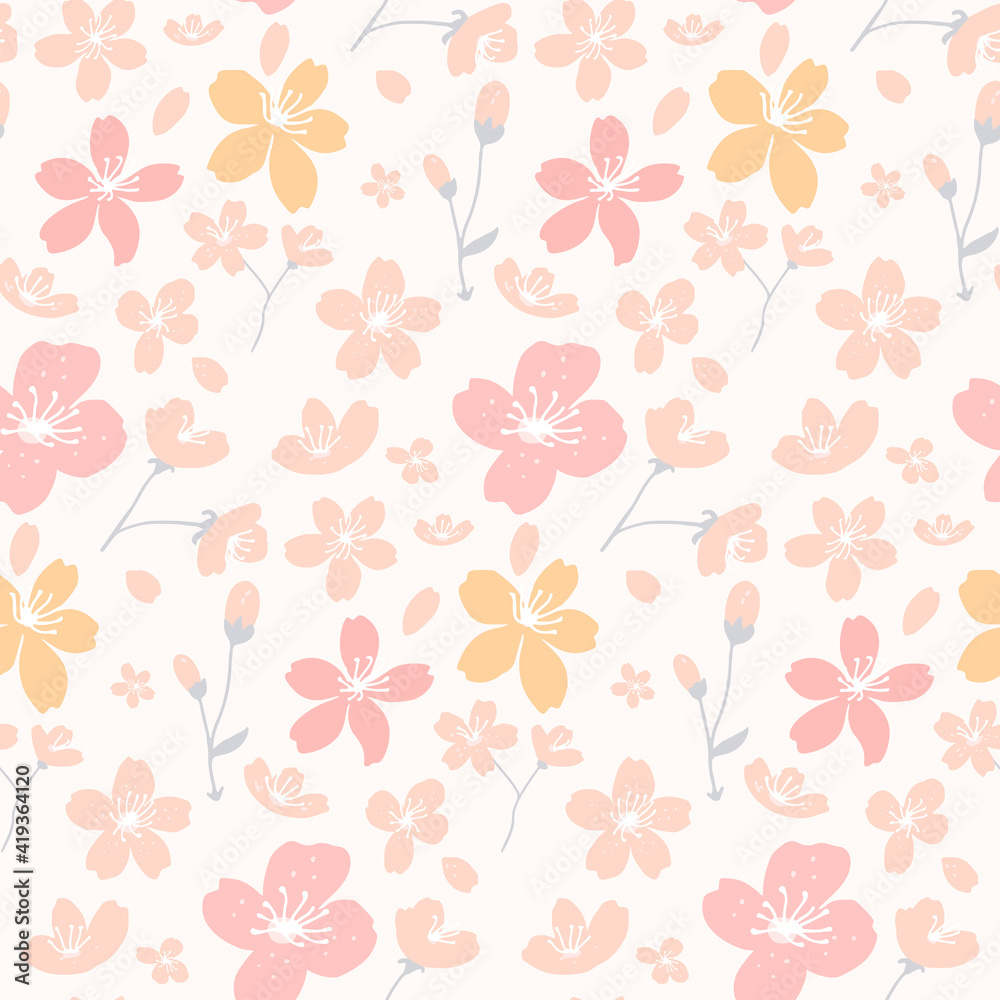Apricot and cherry blossom pattern, seamless ditsy texture for fabric and paper. Vector spring white background.