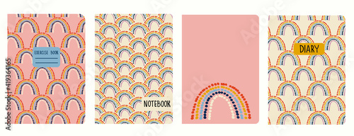 Cover page templates based on seamless patterns with stylized rainbows. Headers isolated and replaceable. Background for school notebooks, notepads, diaries
