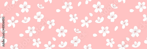 Spring horizontal background, seamless sakura texture with flowers and falling petals. Vector repeat for fabric and paper design