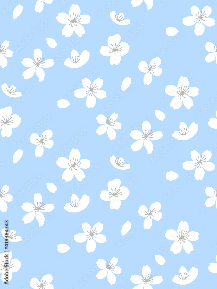 Blue spring tree blossom pattern, seamless background. White flowers and falling down by wind petals. Adorable asian vector texture for textile and paper design Blue spring tree blossom pattern, seamless background. White flowers and falling down by wind petals. Adorable asian vector texture for textile and paper design