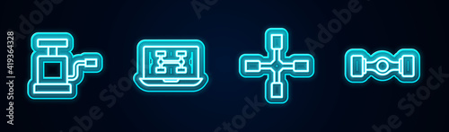 Set line Car air pump, Diagnostics condition of car, Wheel wrench and Chassis. Glowing neon icon. Vector.
