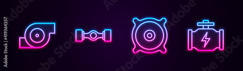 Set line Automotive turbocharger, Chassis car, Car audio speaker and Check engine. Glowing neon icon. Vector.