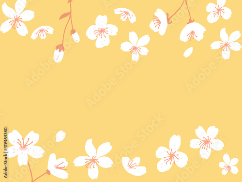 Spring blossom horizontal banner. Apple and peach tree flowers card vector illustration. Yellow background with floral border.
