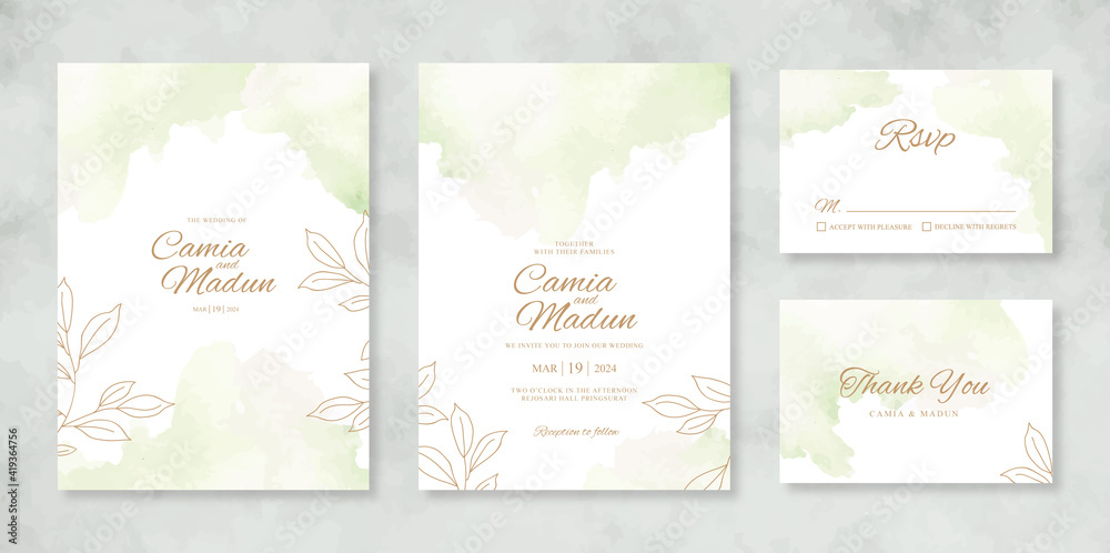 Wedding invitation set template with watercolor splash and hand drawn