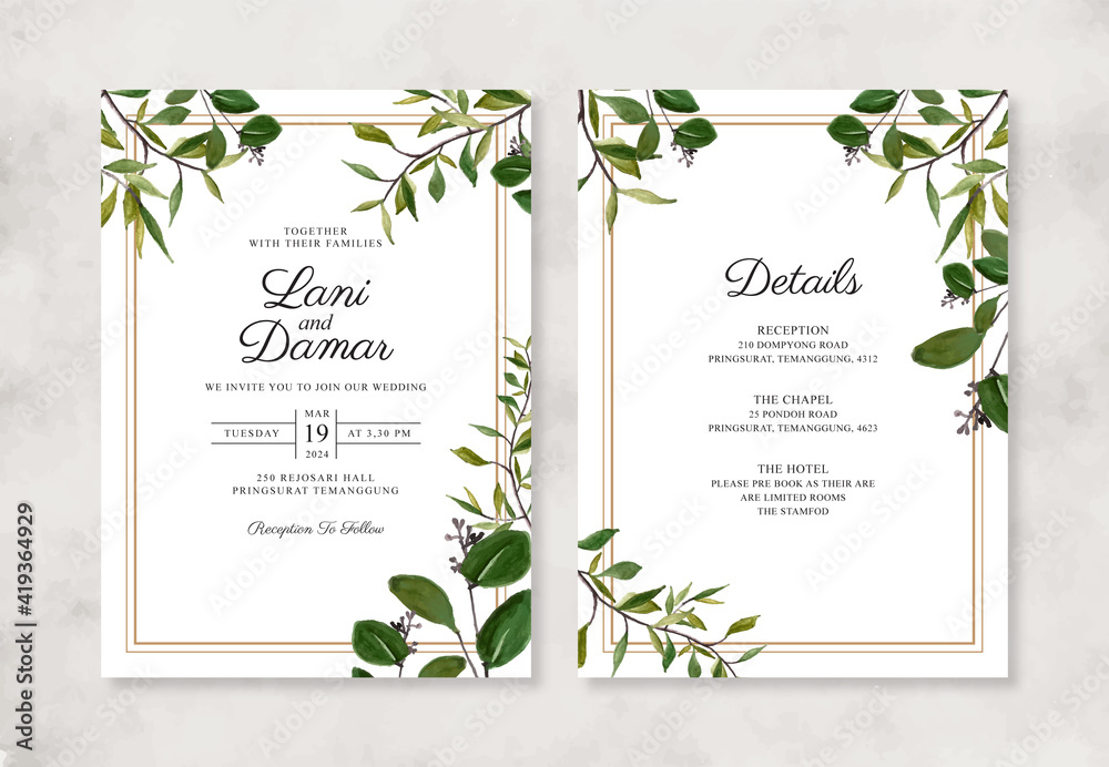 Wedding invitation template with hand painted watercolor foliage