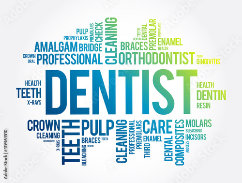 Dentist word cloud collage, health concept background