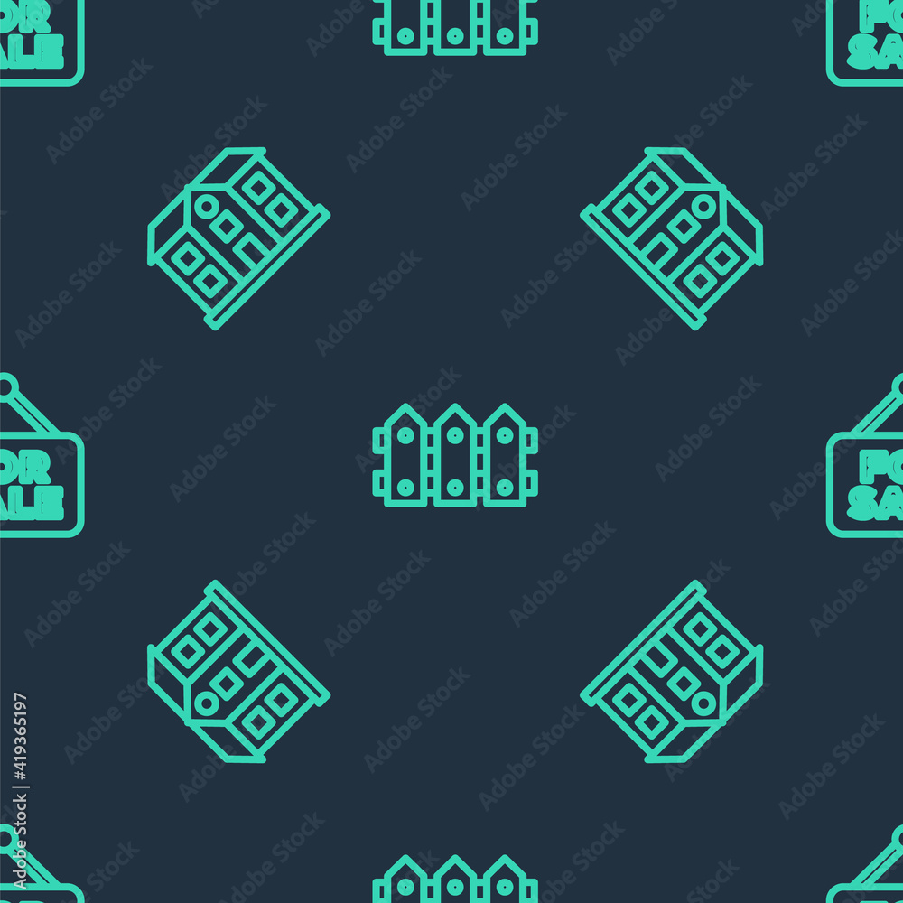 Fototapeta premium Set line Garden fence wooden, House and Hanging sign with For Sale on seamless pattern. Vector.
