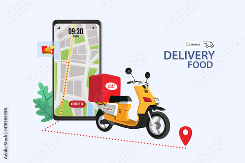 Scooter with delivery flat vector cartoon character. Fast courier. Restaurant food service, mail delivery service, a postal employee the determination of geolocation using electronic device
