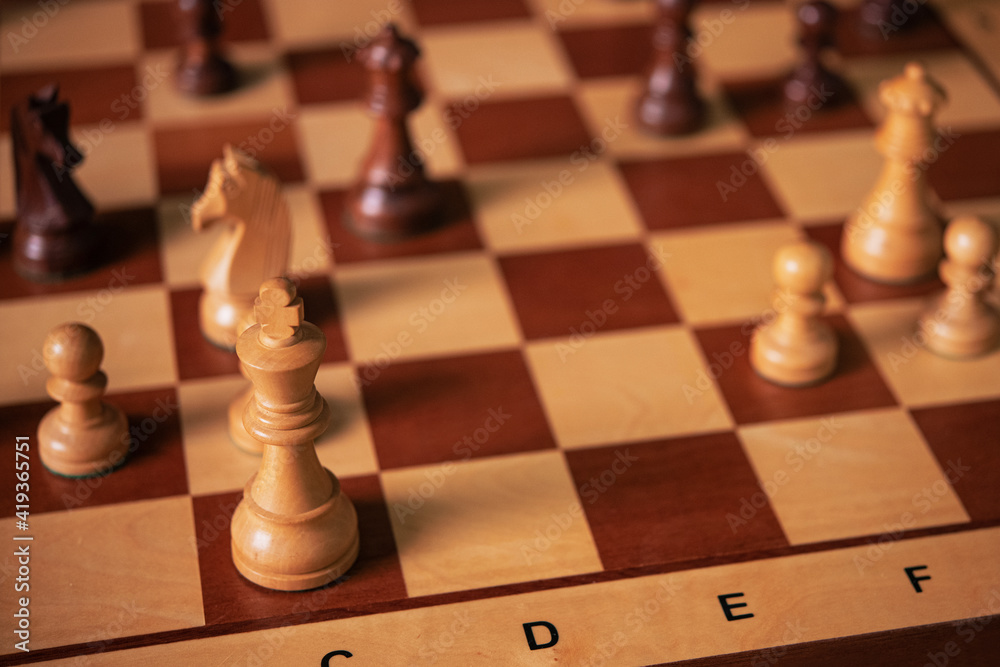 Wooden chess king on the game board Wooden chess king on the game board