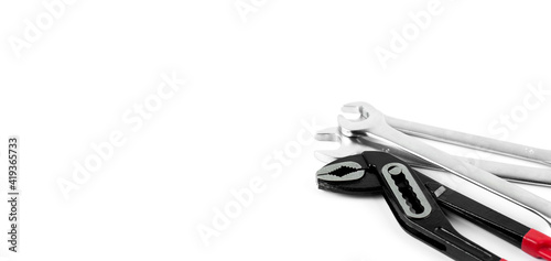 Wrench. Open-end wrenches. Pliers for plumbing. Tool. On a white background.