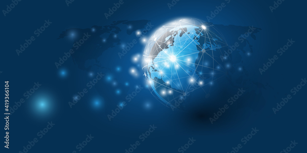 Obraz premium Abstract Blue Modern Style Cloud Computing, Networks Structure, Telecommunications Concept Design, Network Connections, Earth Globe and World Map - Background Template - Creative Vector Illustration