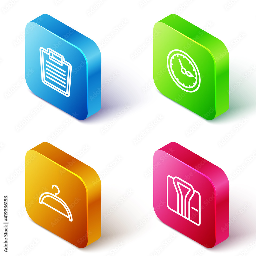 Set Isometric line Bathroom scales, Sauna clock, Hanger wardrobe and Bathrobe icon. Vector. Set Isometric line Bathroom scales, Sauna clock, Hanger wardrobe and Bathrobe icon. Vector.