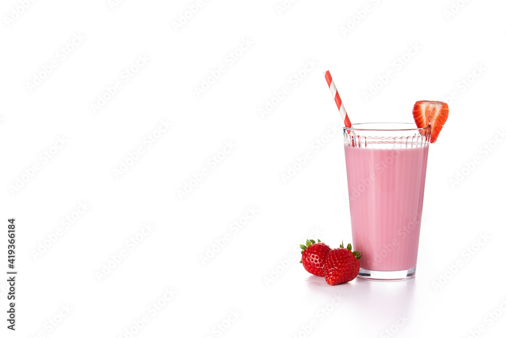 Strawberry milkshake in glass isolated on white background. Copy space Strawberry milkshake in glass isolated on white background. Copy space