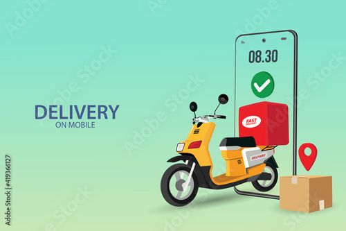 Fast delivery package by scooter on mobile phone. Order package in E-commerce by app. Tracking courier by map application. Three dimensional concept. Vector illustration
