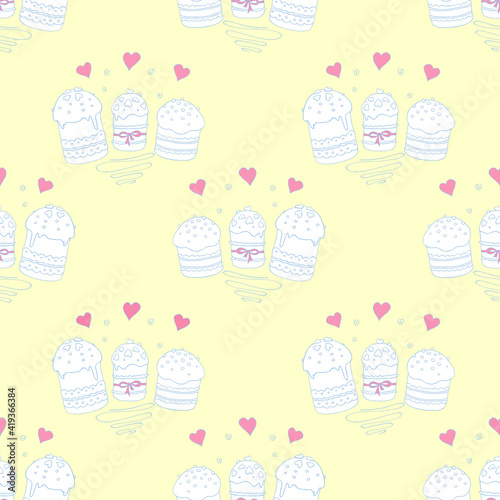 Seamless pattern. Easter cake or sweet bread or Paska. Soft Spring festive background and texture with traditional orthodox food in contour doodle style. Hand Drawn illustration