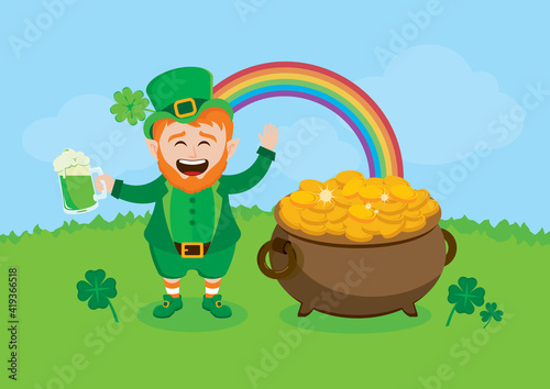Cheerful leprechaun with a pot of gold on a spring meadow vector. Happy St. Patrick's Day Poster. Laughing cute leprechaun with a pot of gold, mug of green beer and rainbow vector