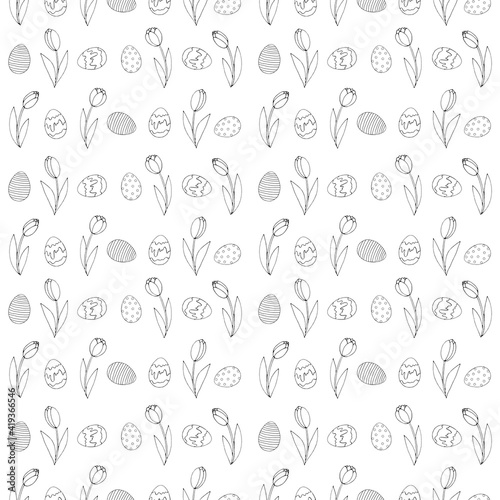 Seamless Pattern with growing contour flowers tulips  eggs. Easter spring background. For printing wrapping paper  wallpaper  packaging  fabric. Hand Drawn doodle illustration