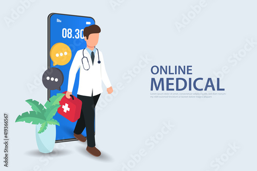 smartphone screen with female therapist on chat in messenger and an online consultation. Vector flat illustration. Ask doctor. Online medical advise or consultation service, tele medicine, cardiology
