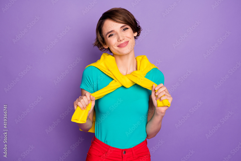 Photo of adorable pretty lady look camera wear tied sweater t-shirt isolated purple color background Photo of adorable pretty lady look camera wear tied sweater t-shirt isolated purple color background