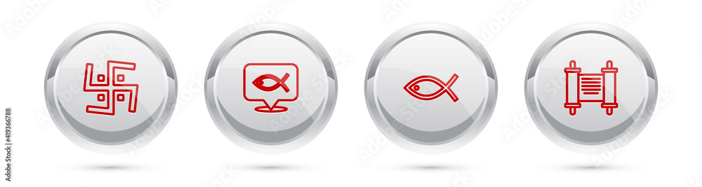 Set line Hindu swastika, Christian fish, and Decree, paper, parchment, scroll. Silver circle button. Vector. Set line Hindu swastika, Christian fish, and Decree, paper, parchment, scroll. Silver circle button. Vector.
