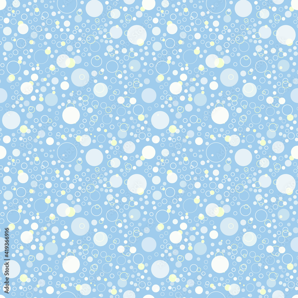 Vector seamless pattern of sea bubbles in flat style. White, pale blue and yellow circles on a light blue background