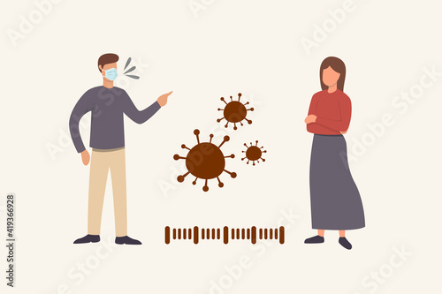 Social distancing, keep distance in public society people to protect from COVID-19 coronavirus outbreak spreading concept, businessman and woman keep distance away in the meeting with virus pathogens

