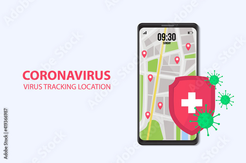 Covid-19, Mobile map tracker, Smartphone map application and track corona virus pinpoint on screen, App search map navigation, isolated on line maps background, Vector illustration for graphic design