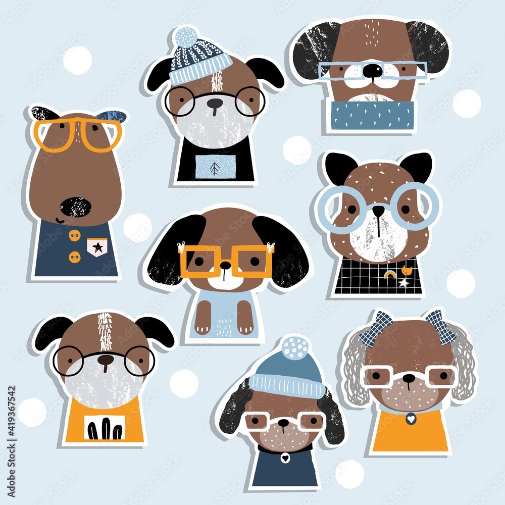 Obraz premium Set of dogs stickers. Cute kids graphic. Vector hand drawn illustration.
