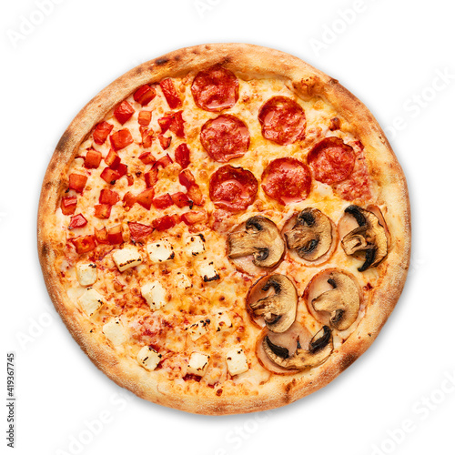 Pizza with sausages and red onion on a white background. Top view.Very high quality photo.