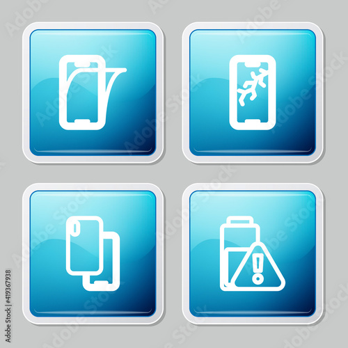 Set line Glass screen protector, Mobile with broken, Smartphone and battery charge icon. Vector.