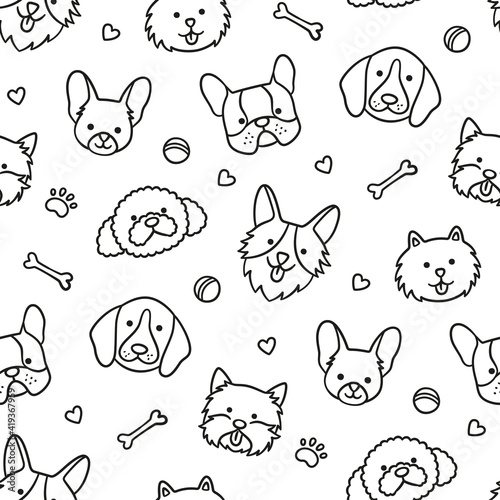Seamless pattern with heads of different breeds dogs. Corgi, Beagle, Chihuahua, Terrier, Pomeranian. Texture with dog faces. Hand drawn vector illustration in doodle style on white background