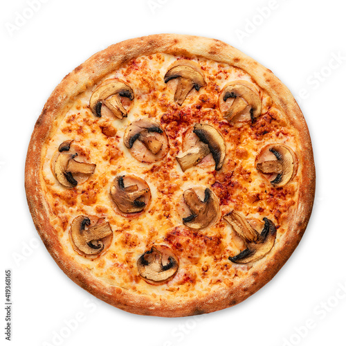 Pizza with mashrooms on a white background. Top view.Very high quality photo.