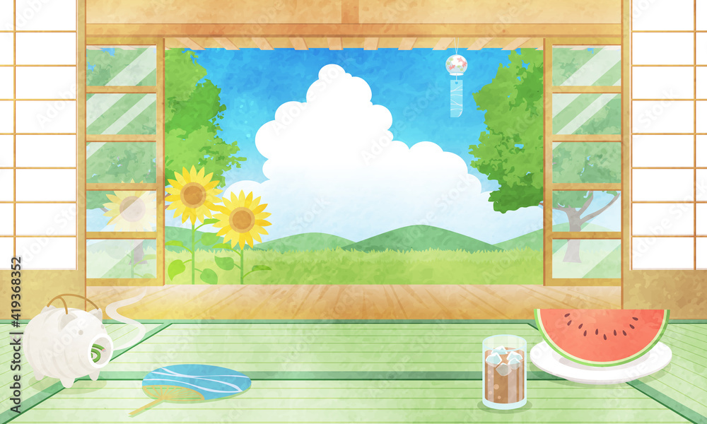 夏の縁側から見た風景の水彩風ベクターイラスト ひまわり 入道雲 青空 障子 Stock Vektorgrafik Adobe Stock