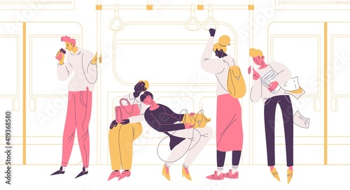 People suffering from insomnia in subway railway carriage sleeping. Concept illustration about healthy lifestyle and wrong time management
