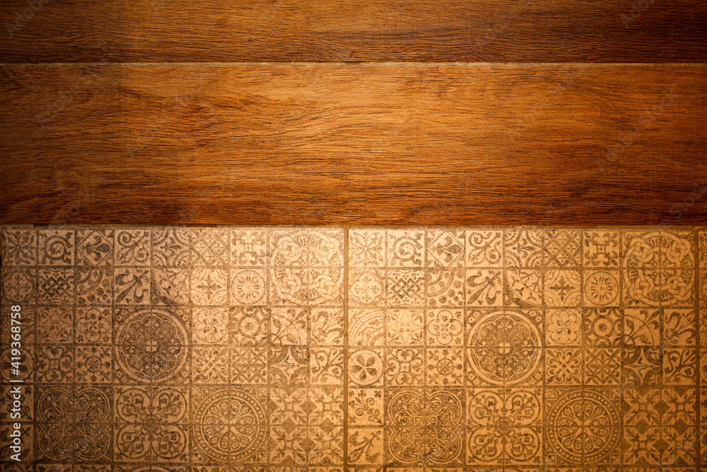 wooden panels and Azulejos portuguese ceramic tiles background