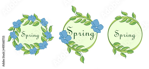 Vector illustration of round blue flower wreath with cute leaves.Spring, summer. Composition for greeting and visit cards, posters, invitations, art prints, baby shower, wedding, banners, logo. 