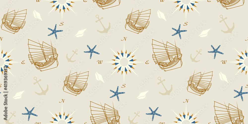 Nautical elements seamless pattern with old vintage sailboat, anchor, seashell, starfish with navigation compass travel background design