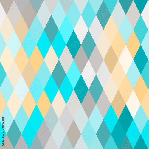 Seamless lozenge pattern of blue, turquoise, yellow colors. Rhombus repeating background for wrapping paper, surface design and other design projects