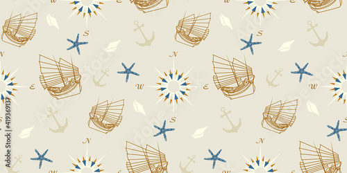 Nautical elements seamless pattern with old vintage sailboat, anchor, seashell, starfish with navigation compass travel background design